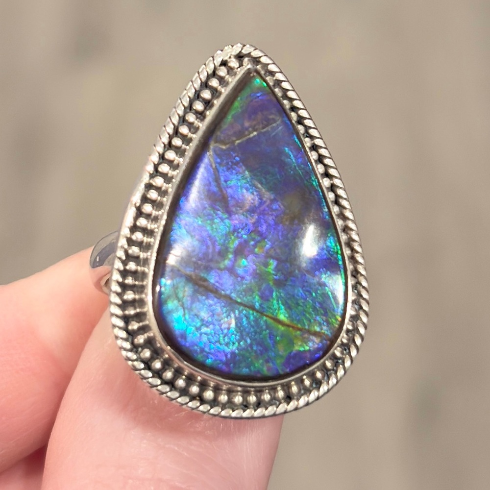 Vintage Sterling Large Blue Ammolite Ring, Triangle Doublet Adjustable Band